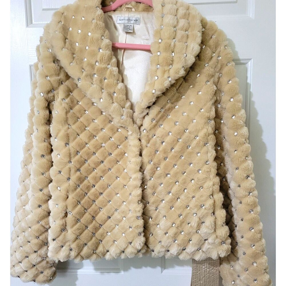 VTG Newport News Y2K Plush Faux Fur Bling Quilted Beige Jacket sz10 Belted